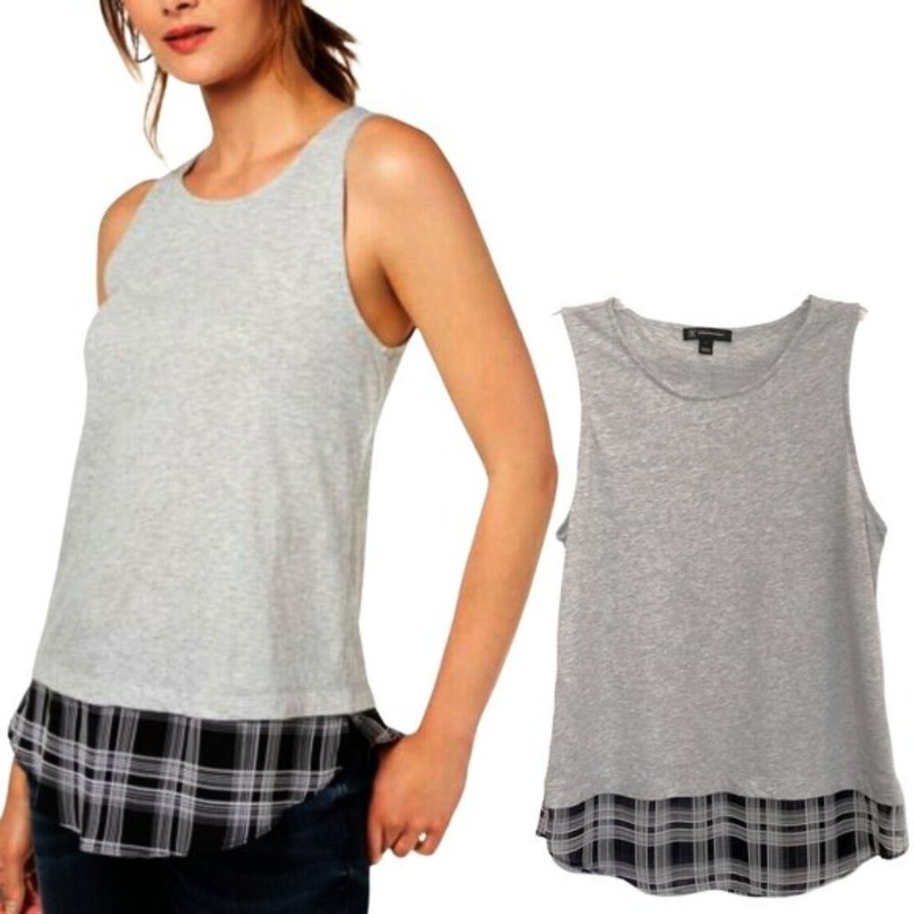 INC International Concepts Gray Sleeveless Top Plaid Hem Women's Large L NEW